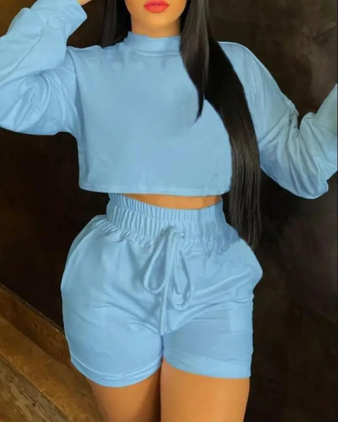 

Женский комплект из топа и шортов, однотонный спортивный костюм с длинным рукавом, повседневный костюм из двух предметов, брючный костюм