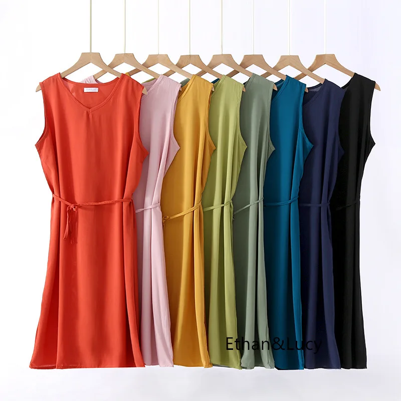

Summer Newest Ladies Cotton V-Neck Slimming Waist with Rope Sleeveless Vest Style Sleep Wear Dress Casual Home Sleep Dress