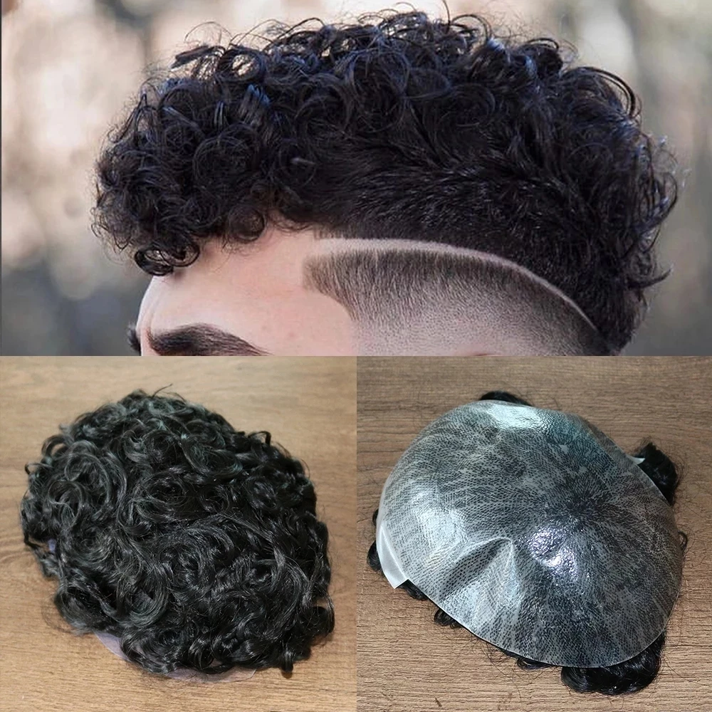 

Indian Remy Human Hair Afro Curl Toupee Skin Base 9x7inch for Black Men 20mm Curly Men's Wig Human Hair Replacement System