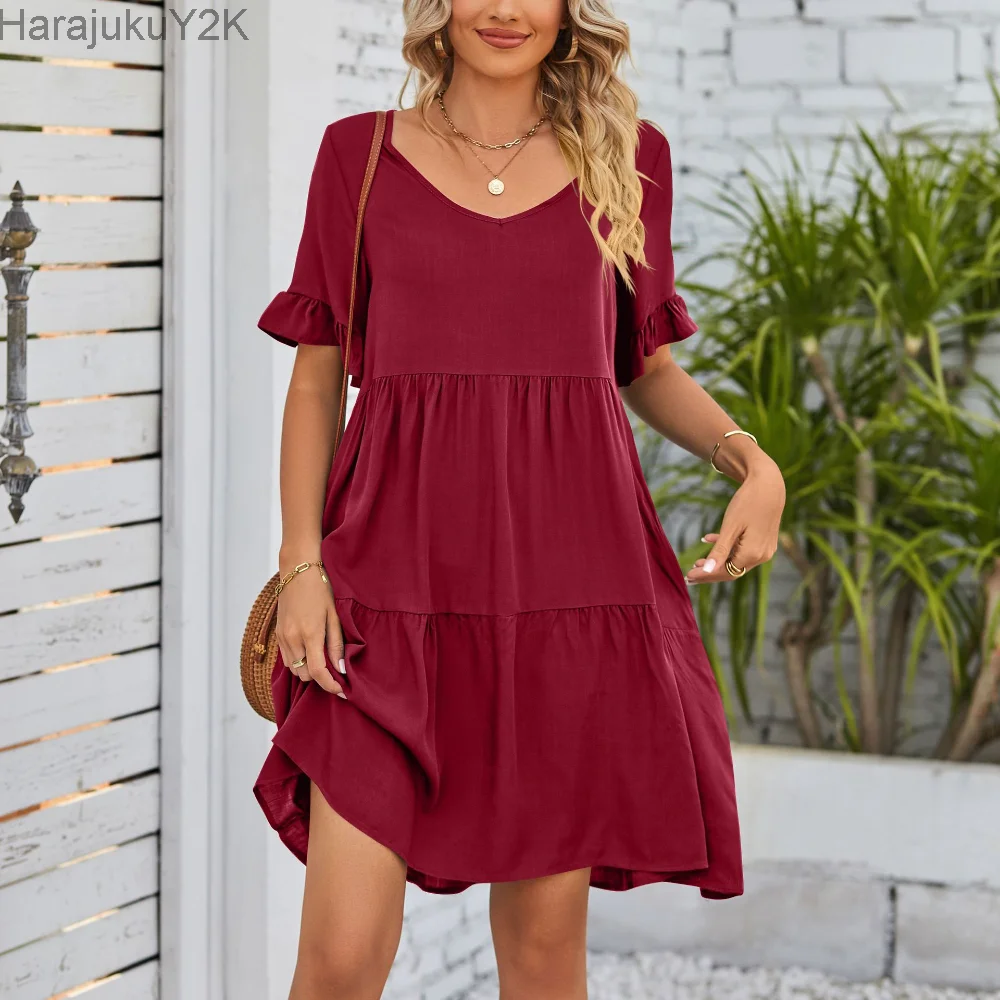 

2023 New Arrivals Solid Color Casual Summer Dress with V-neck and Triple Ruffle Sleeves for Women