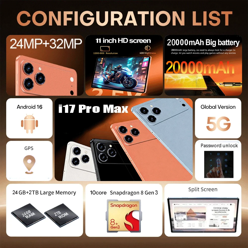 Фото Новый планшет 2026 Pad 17 Pro Max, 11 дюймов, 22 ГБ+2 ТБ, Android 16, Snapdragon 8 Gen 3, 20000 мАч, 5G, две SIM-карты, мини-ПК №2