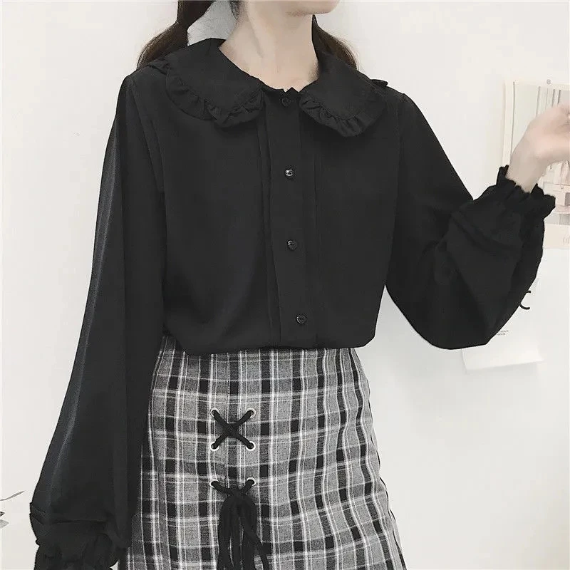 QWEEK Black Shirt Women Kawaii Peter Pan Collar Blouses Button Up Long Sleeve Cute Ruffle Tops Lolita Style Goth Girl Aesthetic