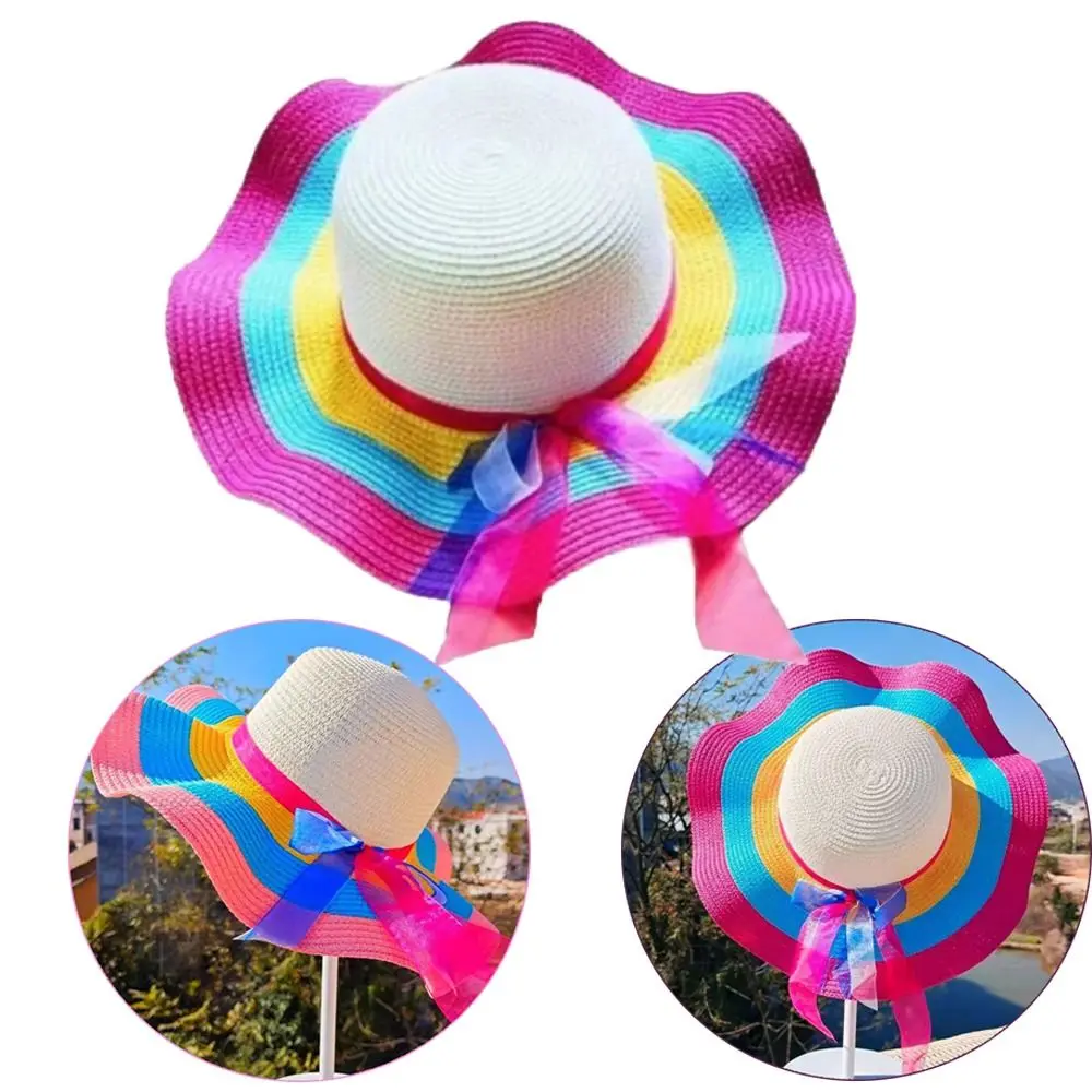 

Colorful With Wire Edge Anti-ultraviolet Rainbow Striped Sunshade Straw Hats Beach Hats Summer Hats