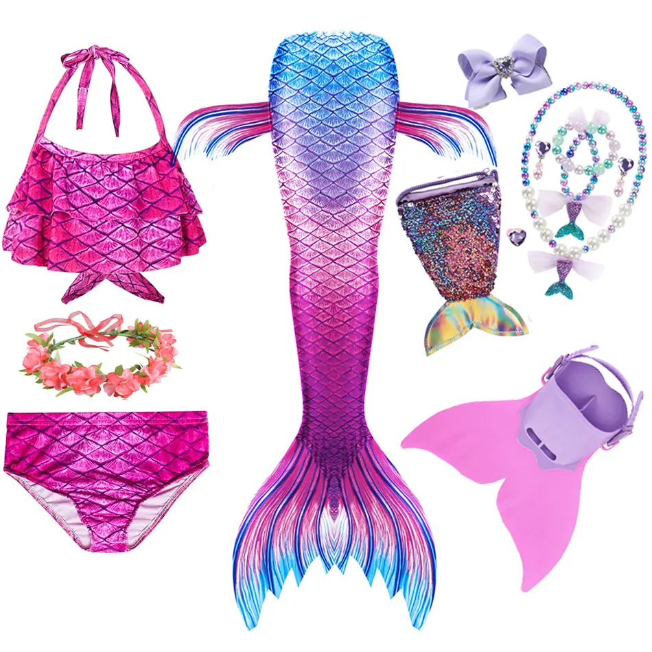 Kids Girls Mermaid Swimming Fantasy Tail Costume Cosplay Children Swimsuit Beach Bikini Can Add Monofin Fin Bathing Suit |