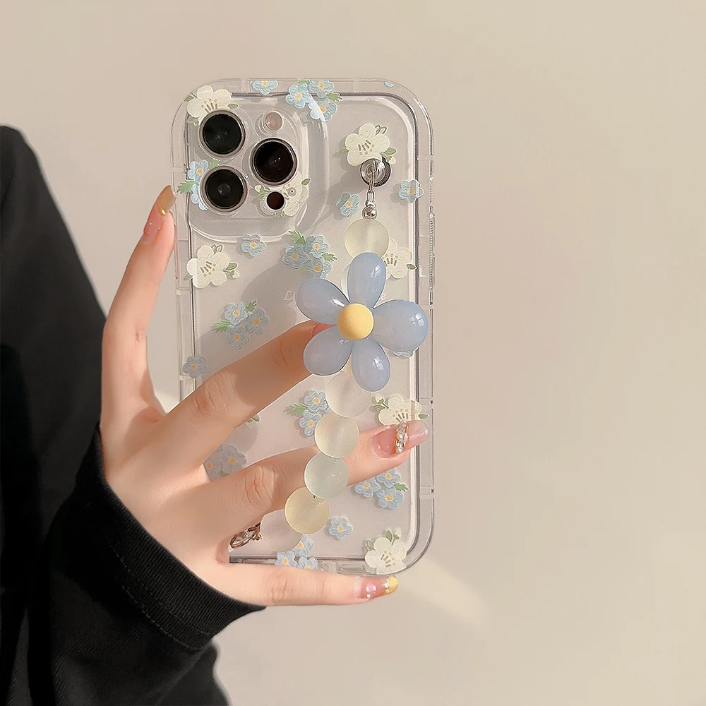 

Милый 3D Цветочный браслет на запястье с цепочкой мягкий чехол для телефона iPhone 14 13 12 11 Pro Max прозрачный защитный чехол с цветочным рисунком