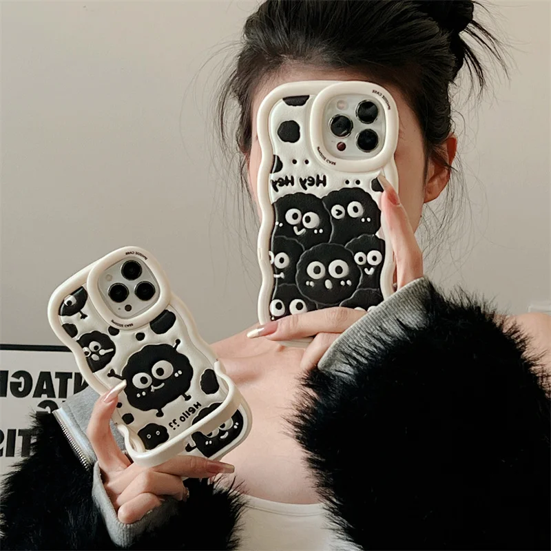 

Korean Cute Coal Ball Flip Stand Wavy Phone Case For iPhone 14 Plus 11 12 13 Pro 14 Max Soft Cover Fashion Puff Shockpoof Cases