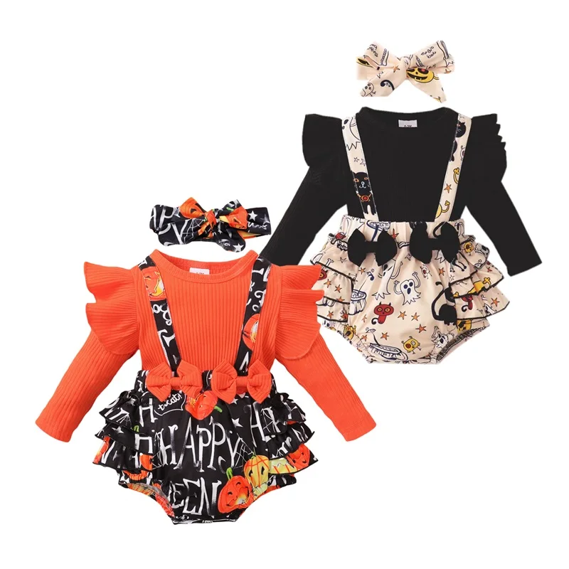 

Baby Girls Halloween Romper Clothes Fake Two Piece Patchwork Suspender Long Sleeve Cartoon Pattern Print Jumpsuit with Headband