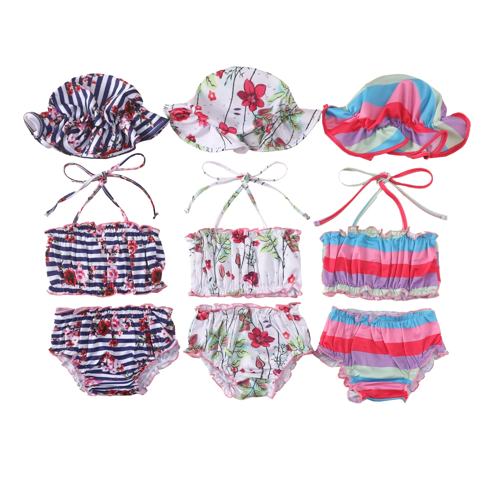 

3Pcs Baby Girls Swimwear Infant Bikini Sets with Swim Cap 2022 Summer Rainbow Stripe Swimwsuits Baby Bathing Suits Beachwear