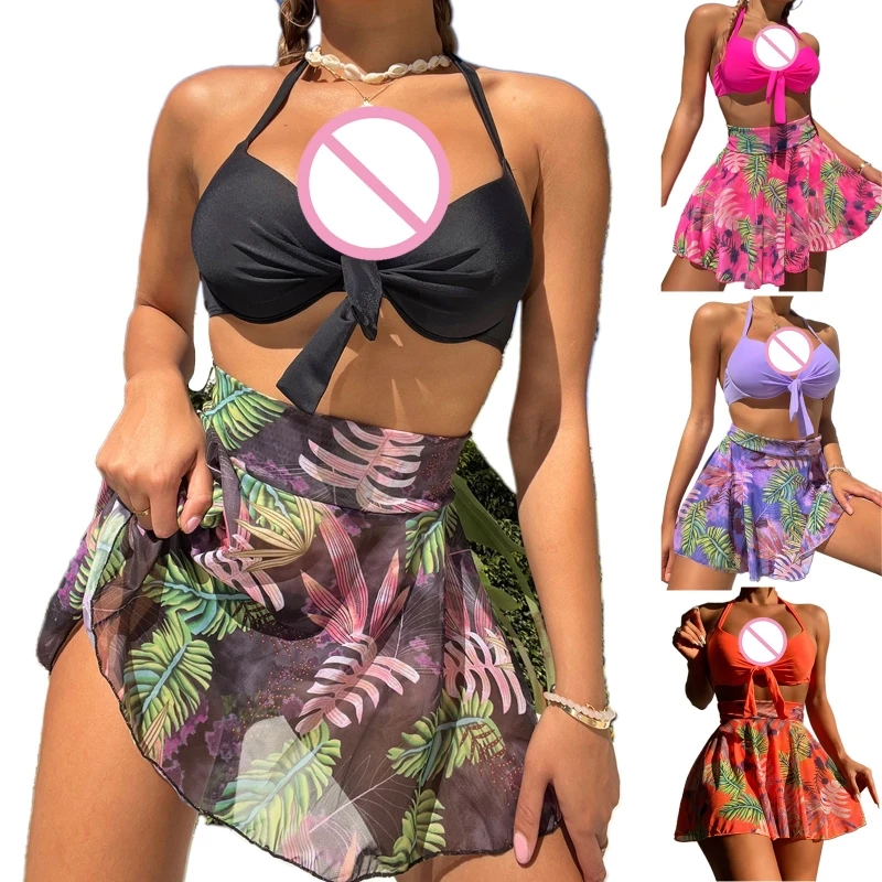 

2023 New Womens 3-Pieces Ruffled Swimsuit Push Up Bikini Swimwear High Waisted V-Neck Front Lacing Spaghetti Straps Bathing Suit