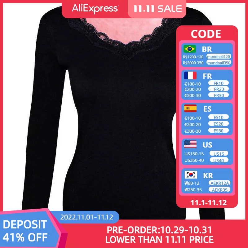 

Ladies lace V-neck thermal underwear women thickened plus velvet winter cold-proof body bottoming shirt Long sleeve clothes