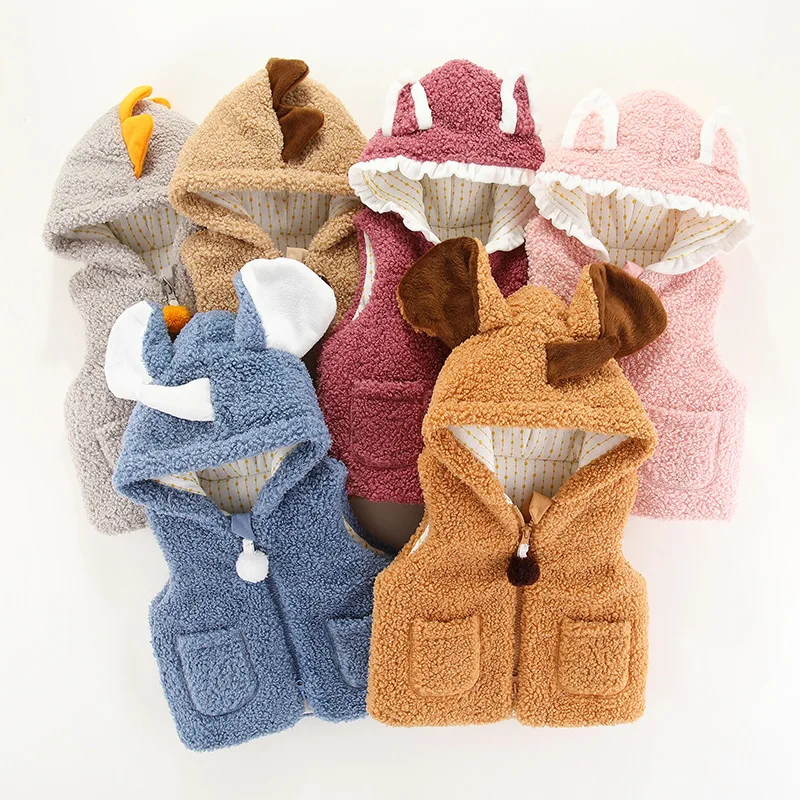 

Baby Vest Newborn Boy Girl Hooded Vest Baby Children Teddy Velvet Quilted Warm Thick Vest Waistcoat Kids Cartoon Sleeveless Vest