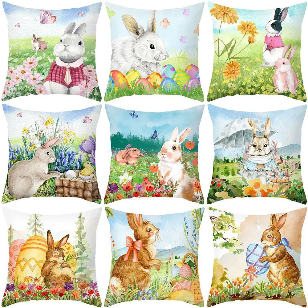 

Happy Easter Pillowcase Easter Decorations For Home Party Sofa Rabbit Bunny Eggs Polyester Pillow Cover 45*45cm