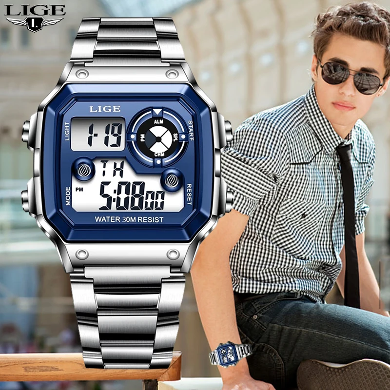 

LIGE Electronic Watch Men Sport Waterproof Date Clock Alarm Wristwatch 2022 New Top Brand Luxury Mens Watches Montre Homme+Box