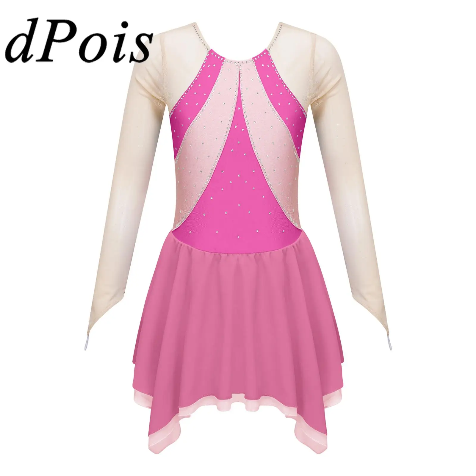 

Kids Girls Figure Skating Dress Mesh Splice Shiny Rhinestone Ice Skating Clothes Dancewear Teens Dance Ballet Gymnastic Leotard