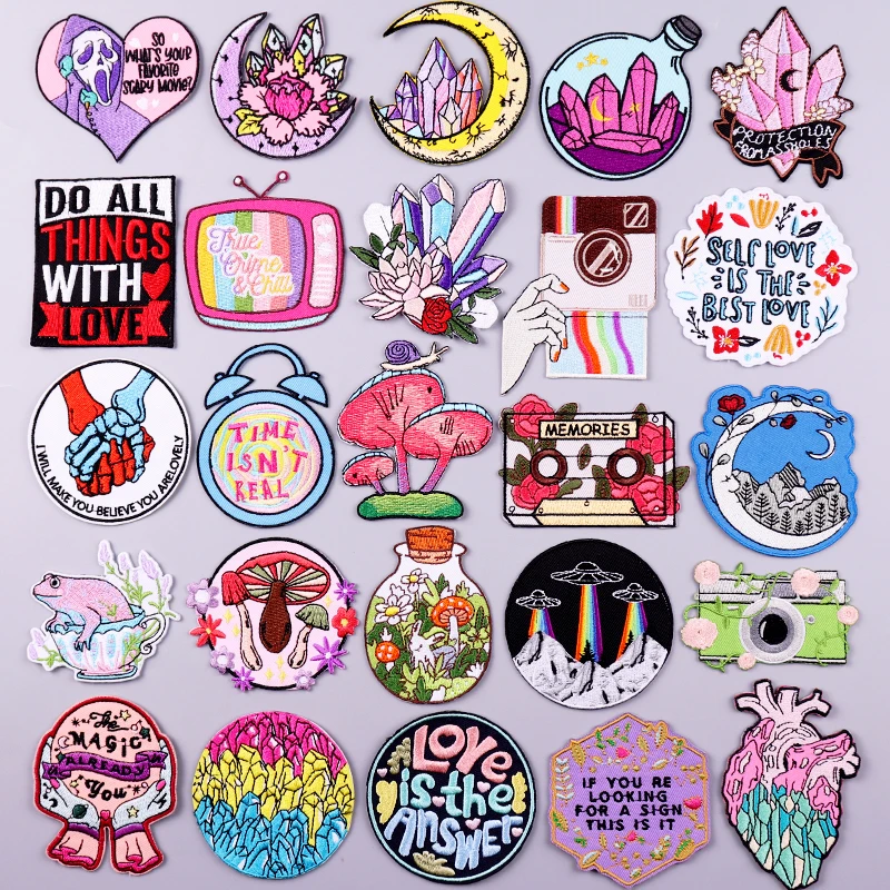

Cartoon Embroidery Patch Iron On Patches For Clothing Crystal Mushroom Embroidered Patches For Clothes Fusible Patch Hook Loop