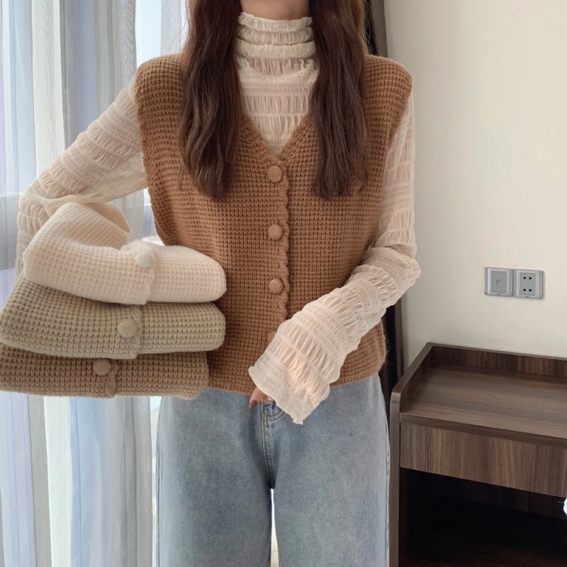 

Fashion Sleeveless Sweater Vest Vintage Streetwear V-neck Single-breasted Cardigan Knitted Sweater All-match Loose Sweater Coat