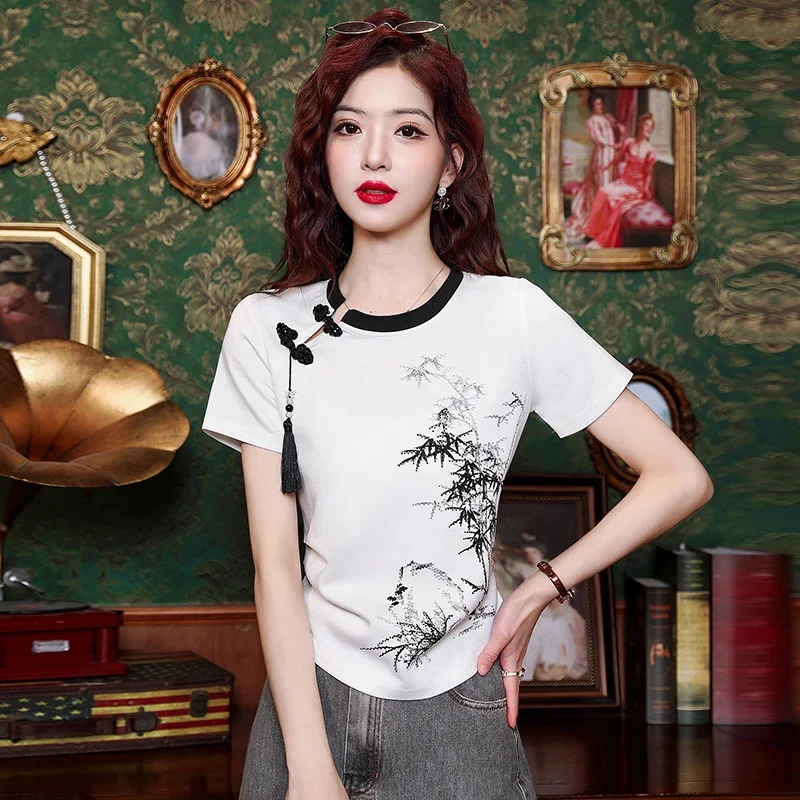 Женская блузка с коротким рукавом и круглым вырезом в китайском стиле