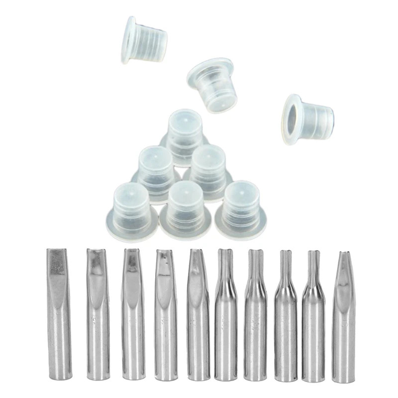 

200X Plastic Small Tattoo Ink Cups Caps Holder Supplies & 10X Stainless Steel Nozzle Tips For Tattoo Machine