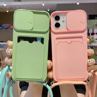 slide camera lens protection phone case for iphone 13 12 11 pro xs max xr x 8 plus lanyard necklace cord rope card pocket cover