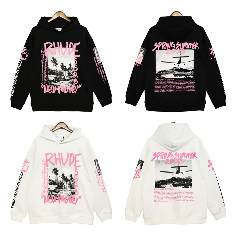 

Rhude Cotton Hoodies Men Women 1:1 High Quality Retro Scenery Letters Printing All-match Outdoor Hooded Sweatshirts