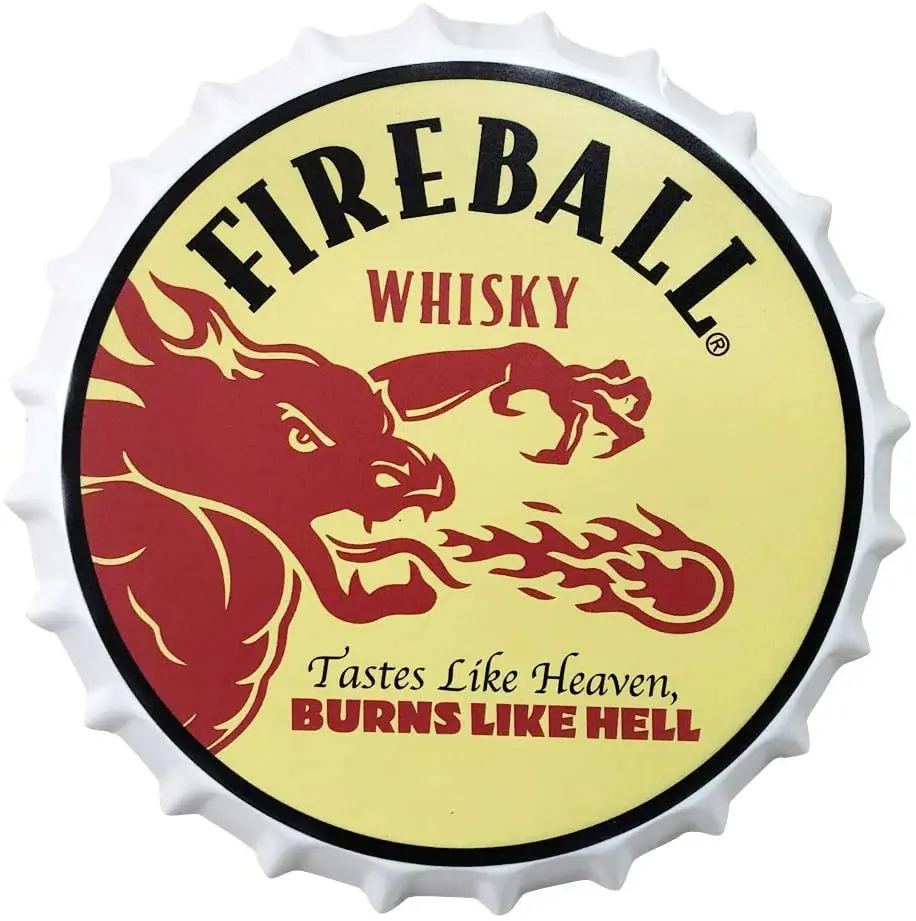 

Fireball Decorative Bottle Caps Metal Tin Signs Cafe Beer Bar Decoration Plat 13.8" Inches Wall Art Plaque Vintage Home Decor