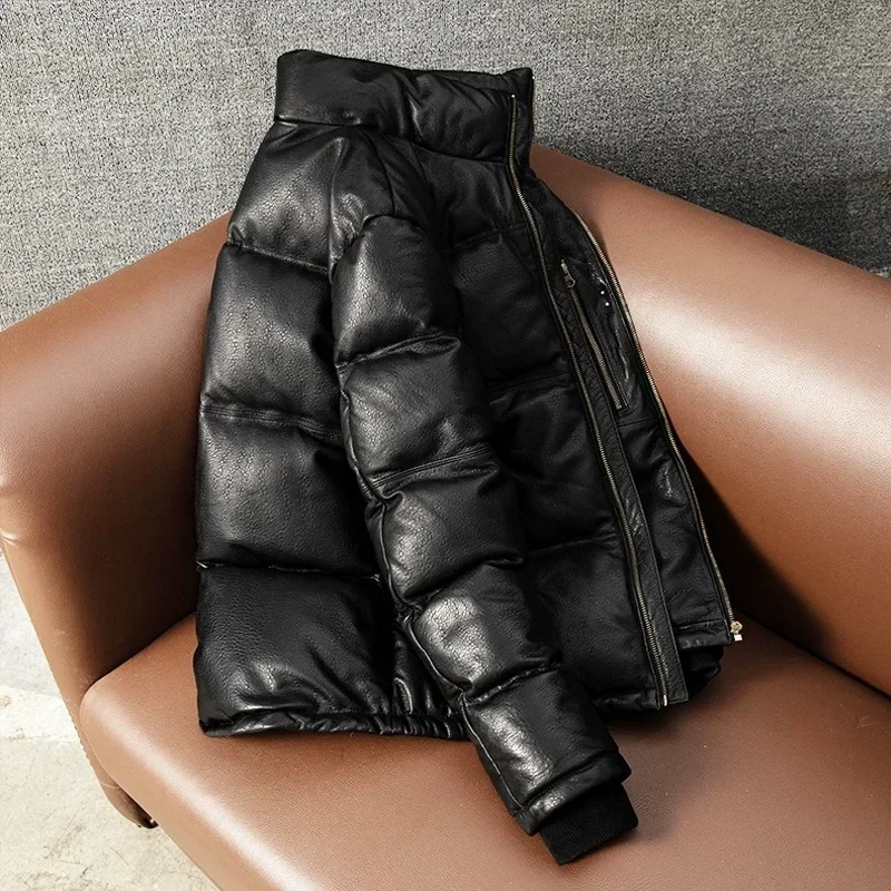 Новые зимние пуховики для мужчин утепленное черное пальто из овечьей кожи теплая