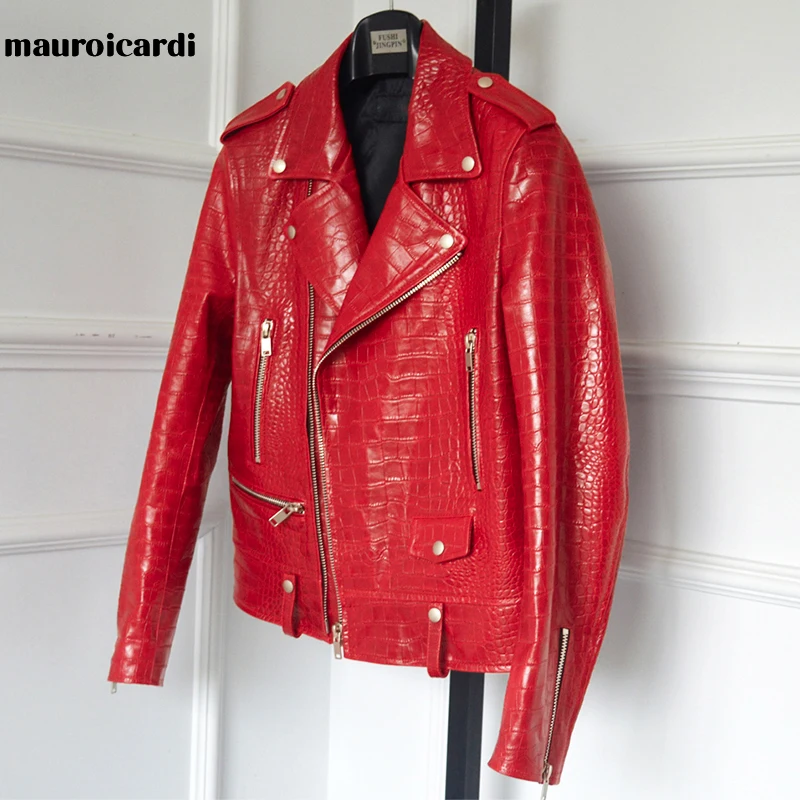 

Mauroicardi Spring Red Crocodile Pattern Faux Leather Biker Jacket Long Sleeve Zipper Plus Size Designer Men Clothing 4xl 5xl