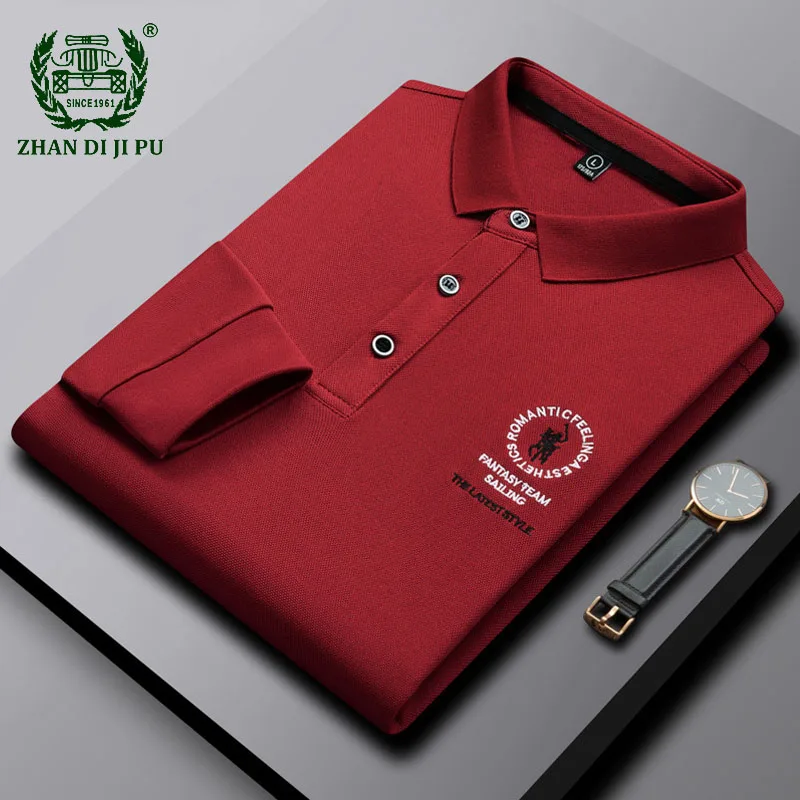 

New Letter Embroidery Double Mercerized Cotton Middle Aged Business Polo Shirt Mens Casual Solid Color Long-sleeved T-shirt Male