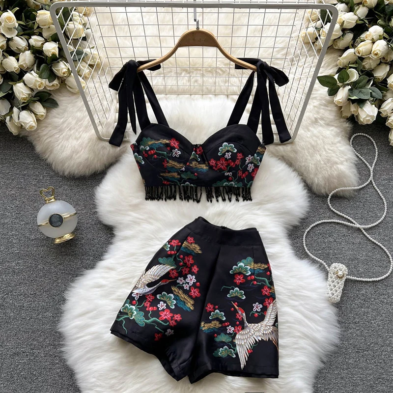

2022 Summer Bohemain Shorts Two Piece Set Runway Bow Strapless Crop Tops and Shorts Outfits for Women Matching Sets