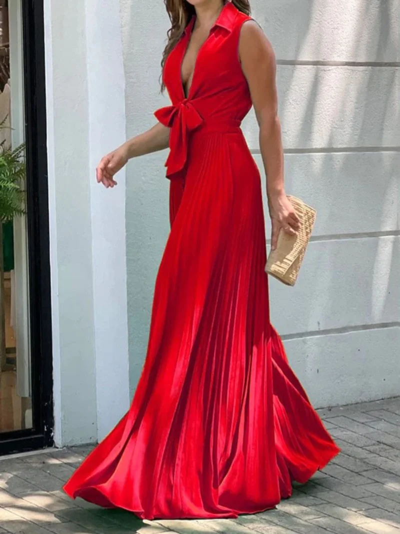 

Yeezzi Female Fashion Sleeveless Lace-Up Pleated Deep V-Neck Sexy Jumpsuits 2023 Summer Solid Color Party Jump Suits For Women