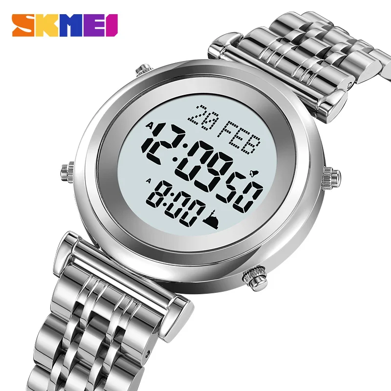 

SKMEI Full Steel Muslim Azan Digital Watch Mens Back Light Waterproof Hijri Islamic Wristwatch Prayer Qibla Compass Alarm Clock