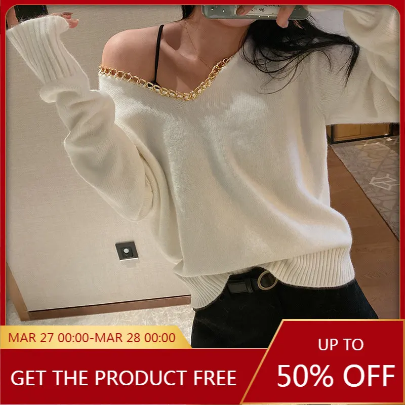 

High Quality Western Style Joker Leisure Neckline Chain Decorative Loose Pullover V-neck Simple Long-sleeved Sweater Female