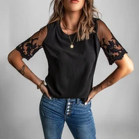 summer women chiffon shirt top solid color round neck short sleeve ladies lace patchwork casual tops