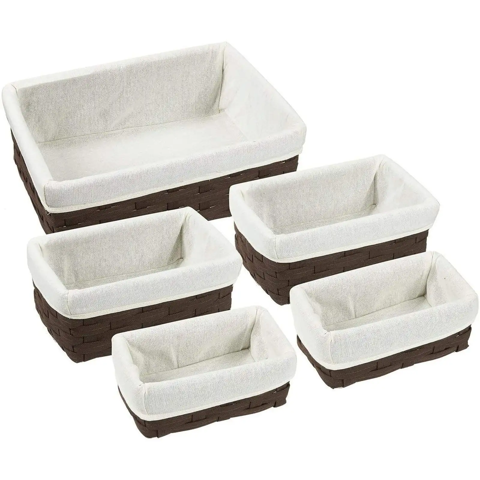 

Set of 5 Brown Wicker Nesting Baskets with Cloth Lining for Storage, Decorative Lined Bins for Organizing Closet, Bathroom (3 Si