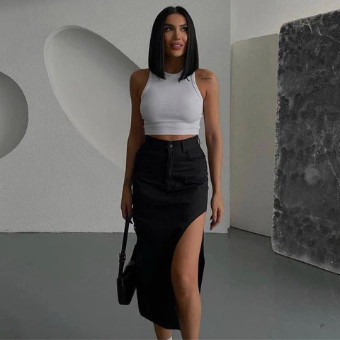 2023 New Fashion High Waist Denim Skirt With Slit Solid Color Button Streetwear Casual Women Summer Midi Skirt Black Long Skirts