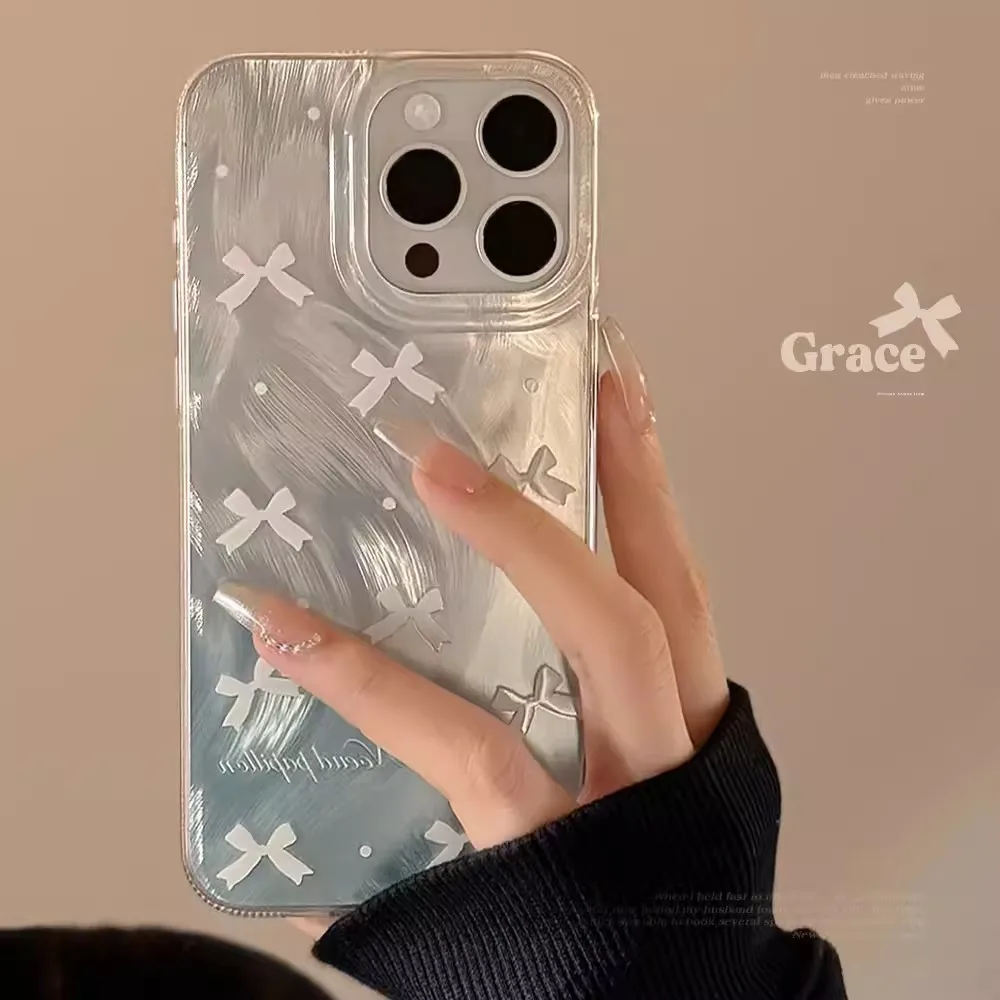 Роскошный лазерный серебряный чехол с бантом для iPhone 16 15 14 13 12 11 Pro Max Plus 7 8 SE2 X XS XR