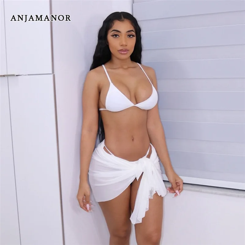 

ANJAMANOR Sexy 3 Piece Set Mesh Skirt String Micro Bikini 2022 Woman Summer Beach Vacation Outfits White Bathing Suits D87-BE17