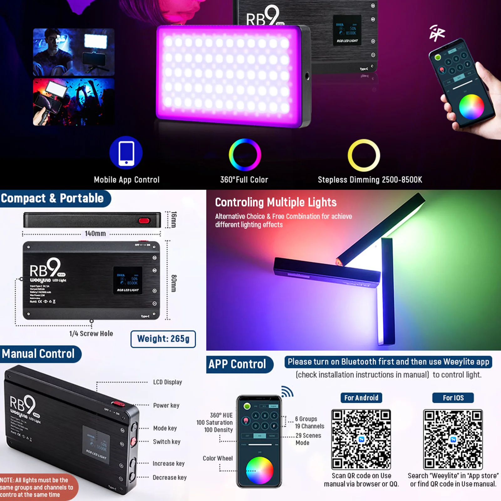 Светодиодная панель Viltrox Weeylite RB9 RGB для заполняющего света карманная видеолампа с