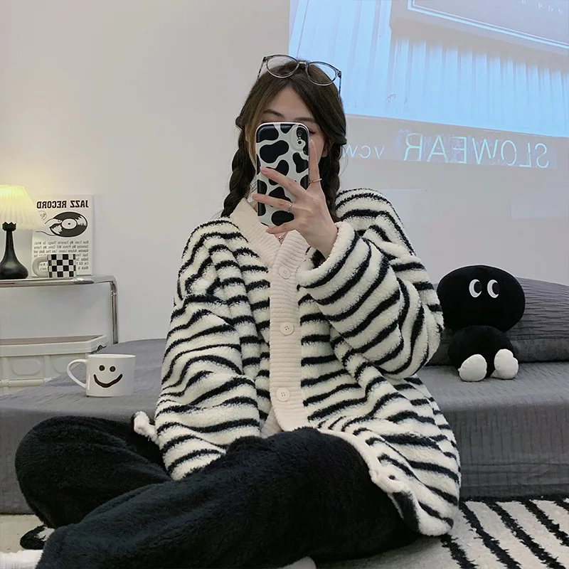 Yasuk Winter Women Girl Casual Warm Soft Sleepwear Pajamas With Pant Velvet Fleecel Cute Thick Pocket Simple Black White Stripes