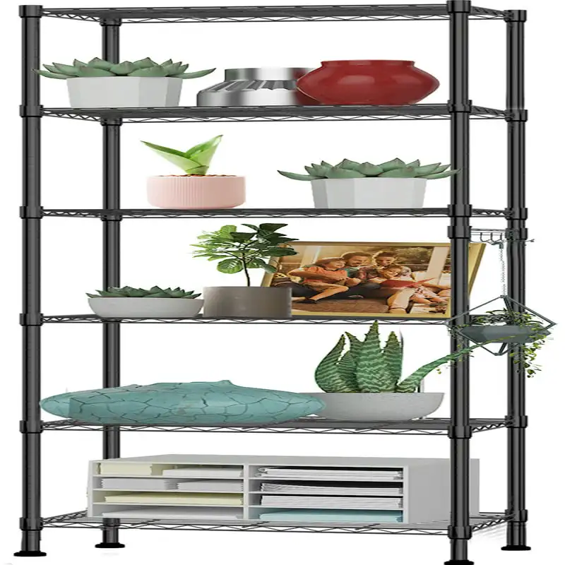 

Wire Shelving Unit Storage Rack Metal Shelf Organizer with 6 Hooks for Kitchen Bathroom Garage Balcony 21.26" x .42" x 62.99"