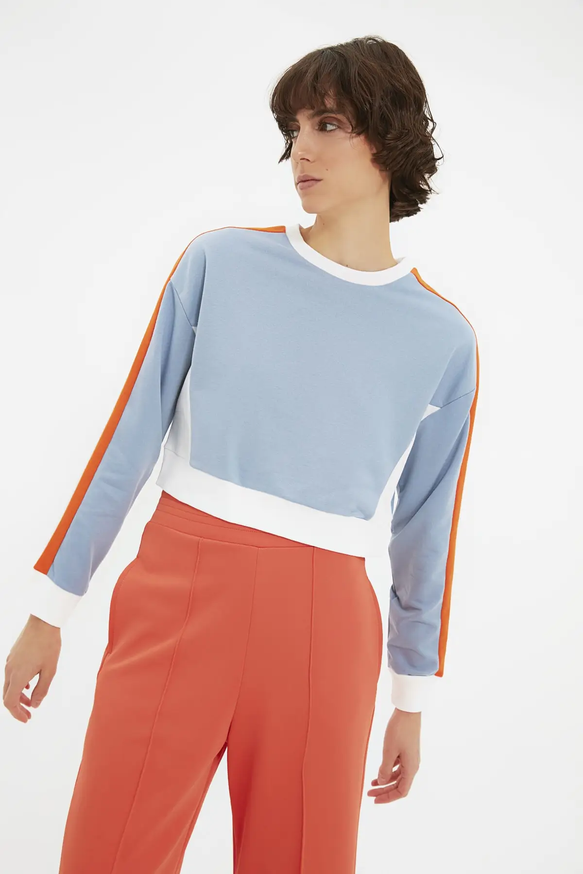 

Women's Sweatshirt Blue Color Block Crop Thin Knitted Hoodies Fashion All Season New Designer Pullovers Fleece Hoodies