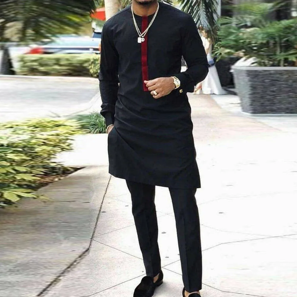 

Two Piece Suit Muslim Men Black Solid Shirt Autumn Spring Daily Dubai Long Sleeve Casual Straight Pants African New Blousa 2022