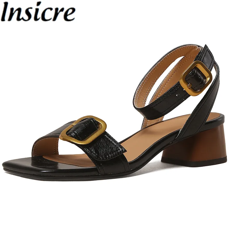 

Insicre Classic Women Sandals Cow Leather Buckle Square Toe Thick Mid Heels 2022 Summer Shoes Beige High Quality