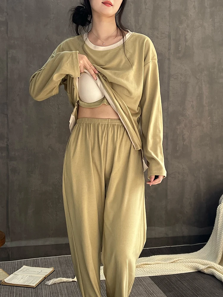 Новинка 2024 цельная хлопковая пижама с накладкой на грудь женская весенне-осенняя