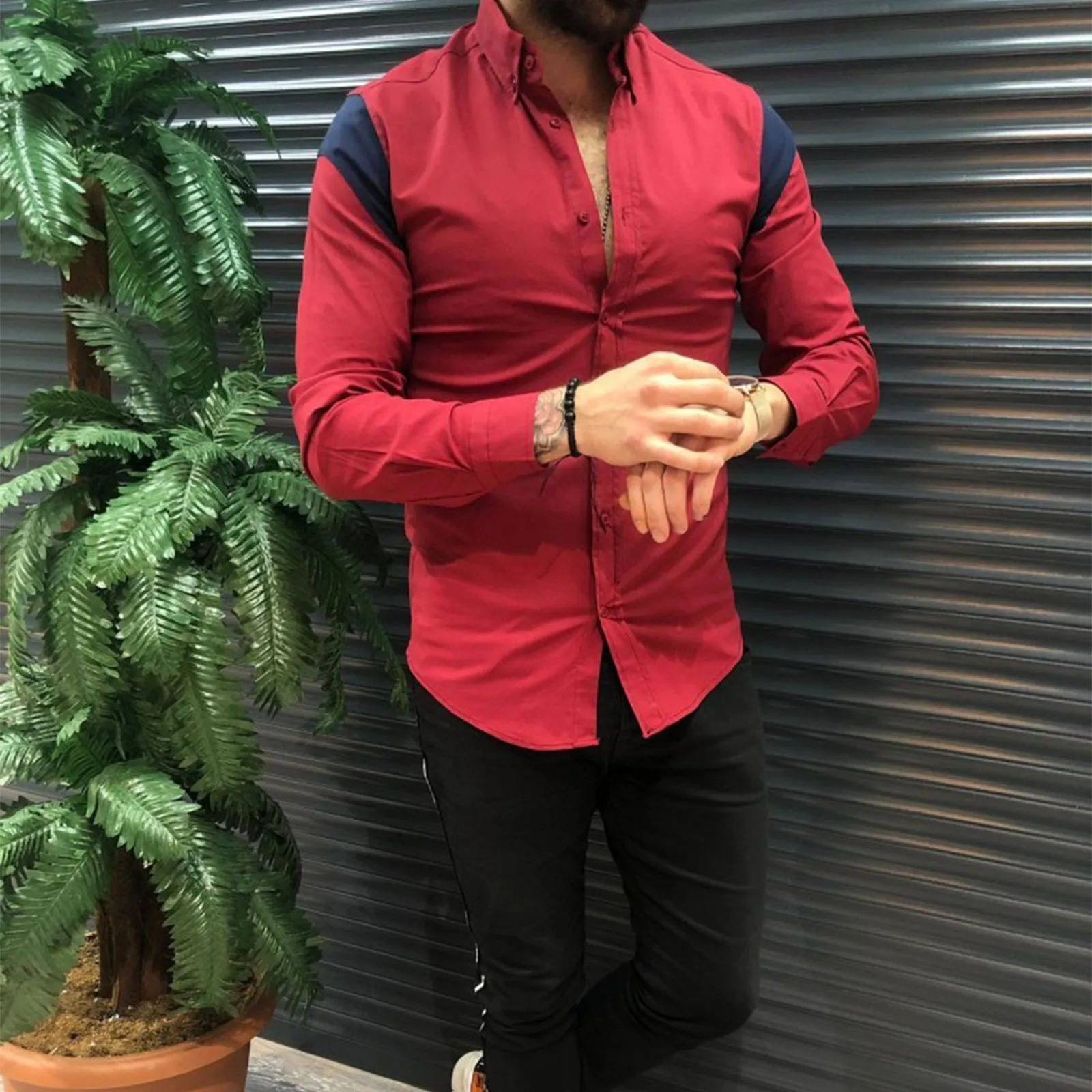 

Men's Autumn&winter Fashion Long Sleeve Color Matching Top Blouse Shirts Western Jacket Men