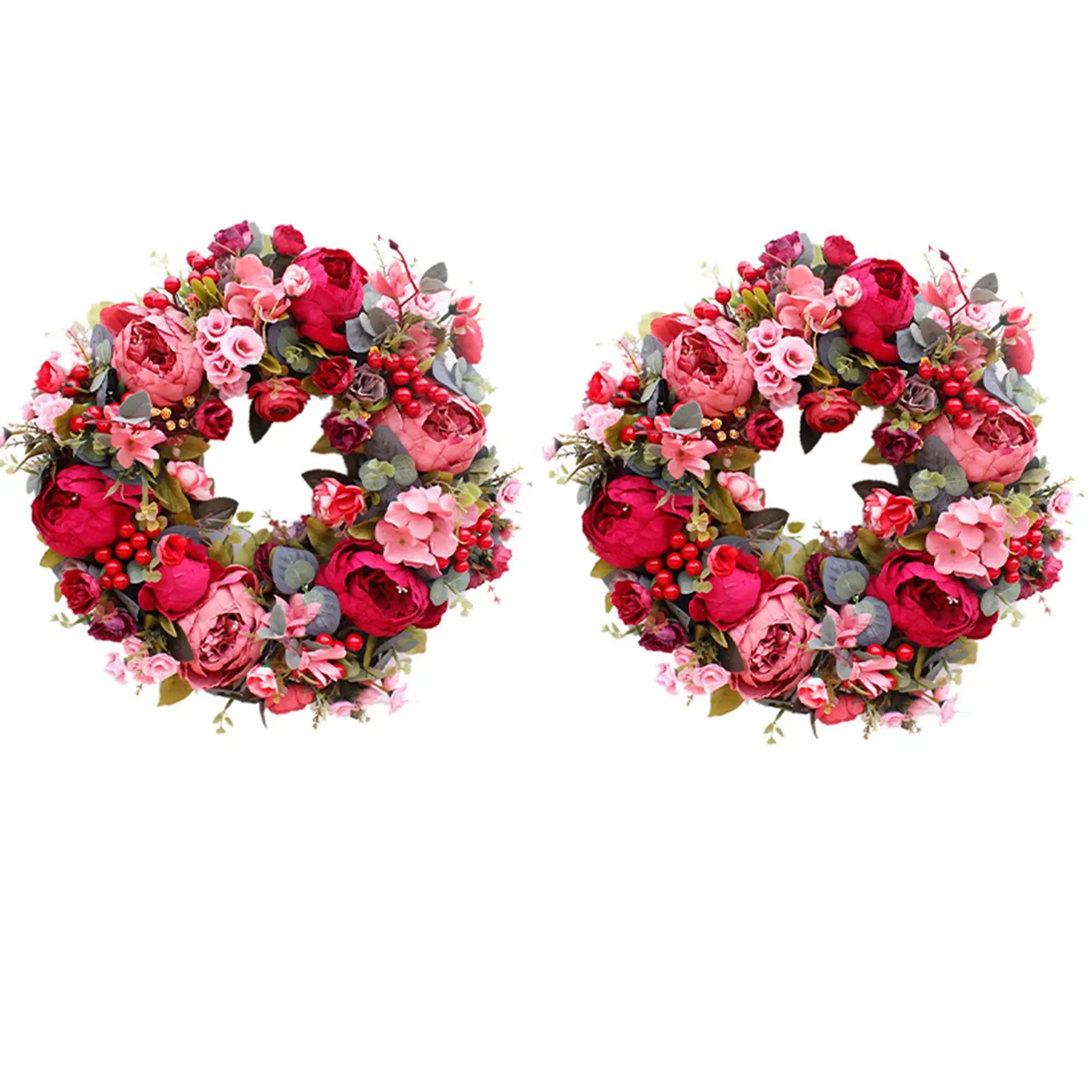 

2X Decorative Door Wreath Silk Flower Peony Head Flower Wreath 40cm Handmade Garland for Autumn Winter Outdoor Display