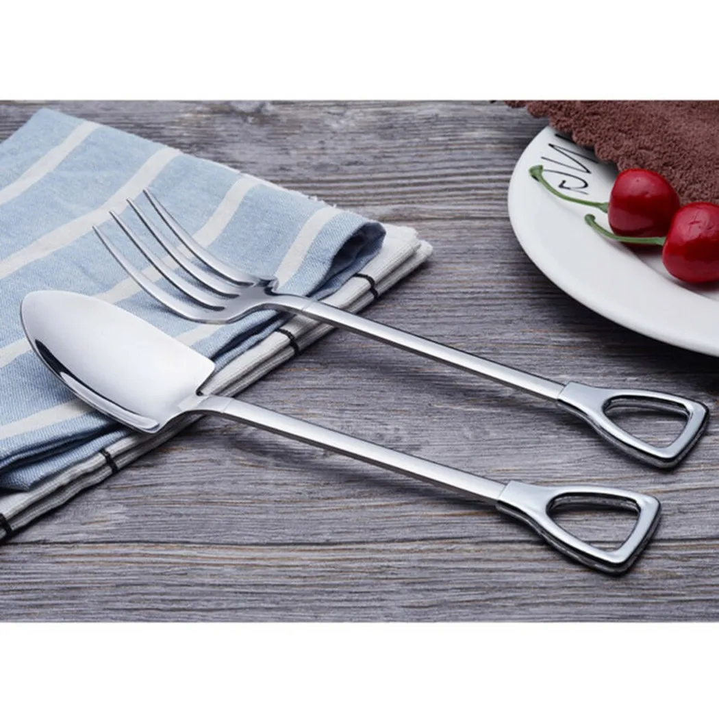 

2pcs Stainless Steel Shovel Shaped Spoon Fork Rose Gold Silver Tableware Long Handle Coffee Spoon Teaspoon Stirring Spoon