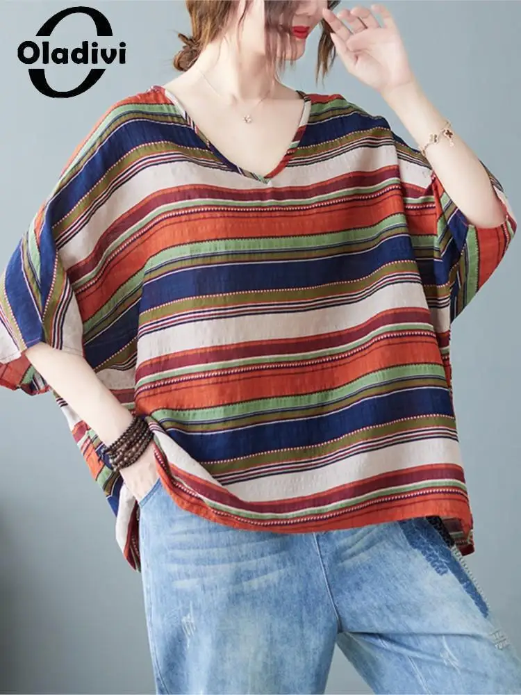 

Oladivi Oversized Batwing Sleeves Fashion Striped Cotton Linen Dress Vintage Women Large Size Shirts Casual Loose Clothing 9127