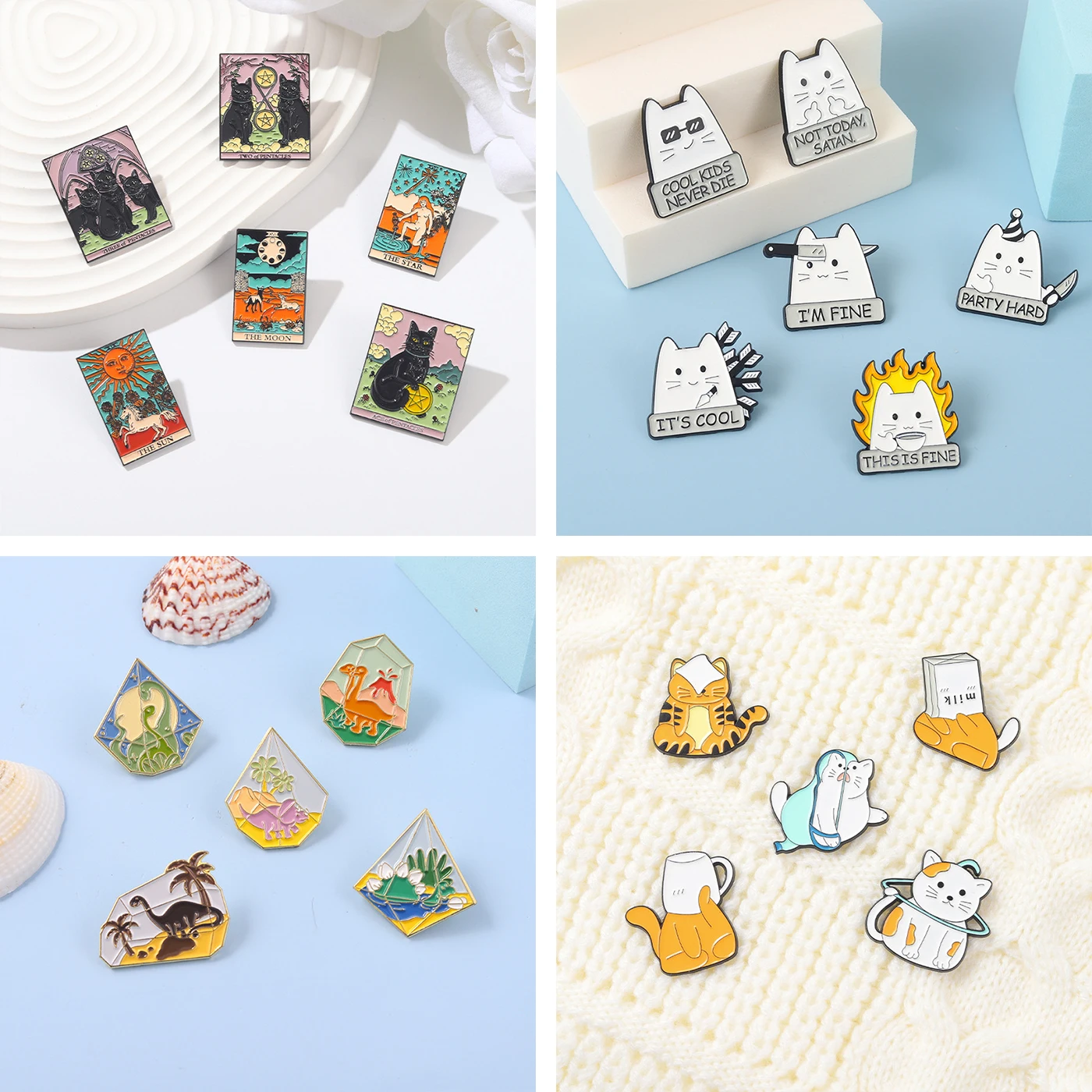 

Tarot Pins Star Pins Tiger Pins Cat Pins Animal Pins Dinosaur Pins Coconut Tree Pins Cat Knife Brooch Enamel Lapel Pin Wholesale