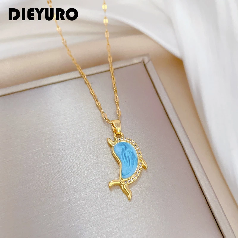 

DIEYURO 316L Stainless Steel Creative Dolphin Pendant Necklace For Women Girl Fashion Clavicle Chain Choker Jewelry Gift Wedding